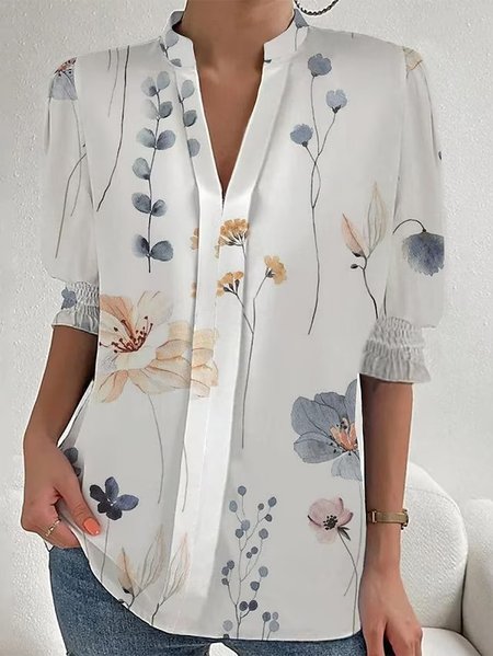 

Stand Collar Casual Loose Floral Shirt, White, Shirts & Blouses