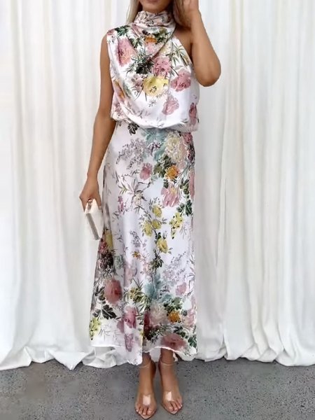 

Others Elegant Regular Fit Floral Dress, White, Maxi Dresses