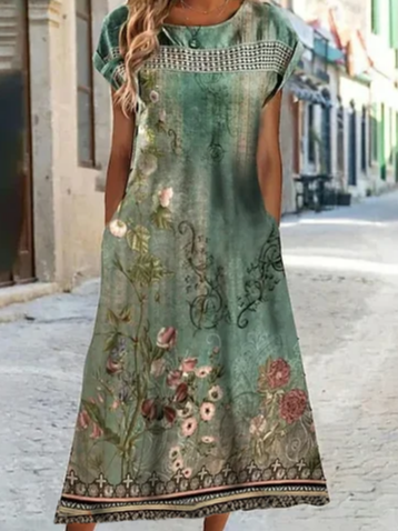 

Crew Neck Loose Floral Casual Dress, Green, Dresses