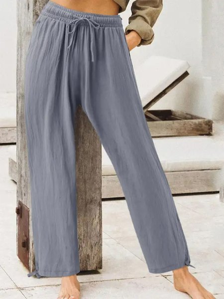 

Plain Drawstring Cotton Casual Pants, Gray, Pants