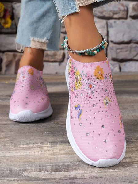 

Floral Butterfly Rhinestones Breathable Flyknit Sneakers, Pink, Sneakers