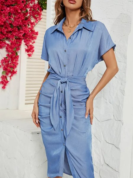 

Shawl Collar Loose Ruched Casual Dress, Blue, Casual Dresses