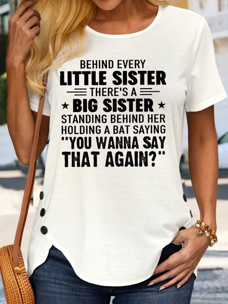 

Women's Funny Sister Letters Crew Neck Casual T-Shirt, White, T-shirts