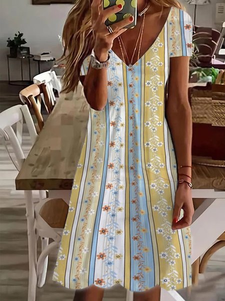 

Loose Geometric V Neck Casual Dress, Yellow, Casual Dresses