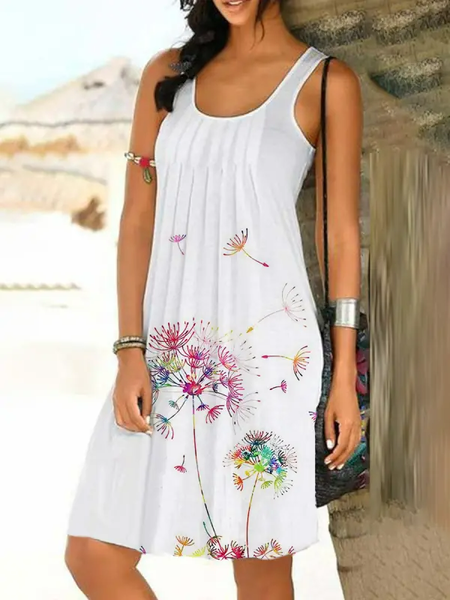 

Casual Regular Fit Floral Crew Neck Dress, White, Casual Dresses