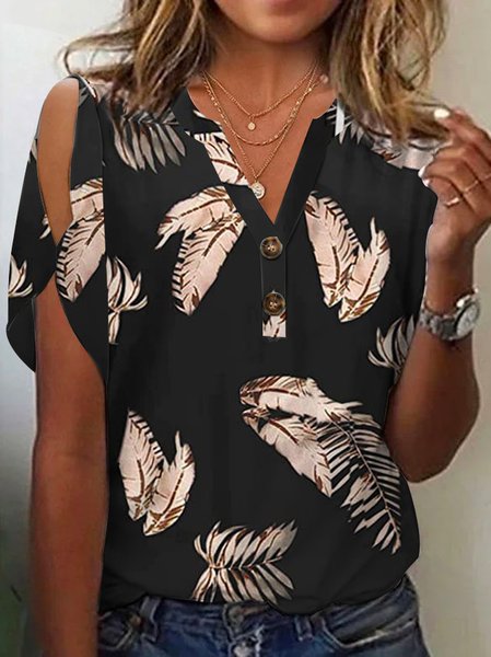

Casual Loose Leaf Knitted Shirt, Black, Shirts & Blouses