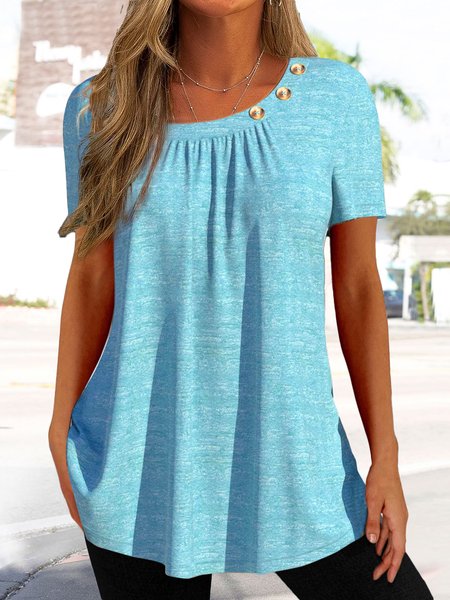 

Women Plain Loose Button Ruched Short Sleeve Tunic Top, Light blue, Tunics
