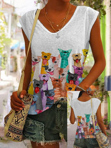 

Casual V Neck Women's Cute Dogs Print Sleeveless Tee, White, T-Shirts