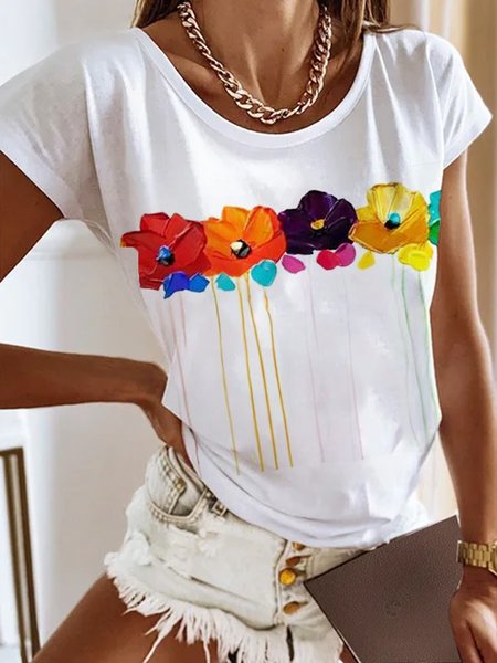 

Floral Crew Neck Casual Jersey T-Shirt, White, T-Shirts