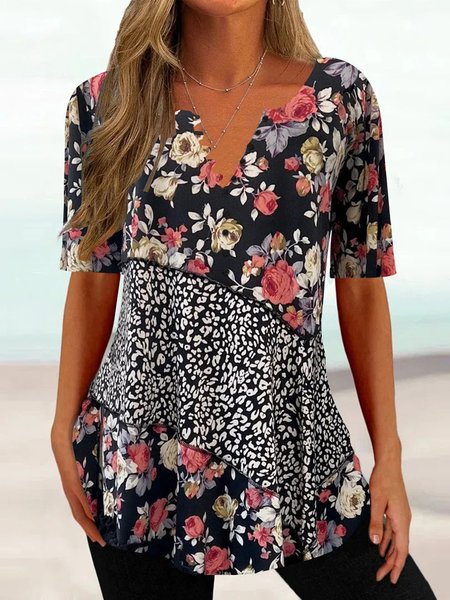 

Casual Notched Knitted Floral Shirt, Black, Shirts & Blouses