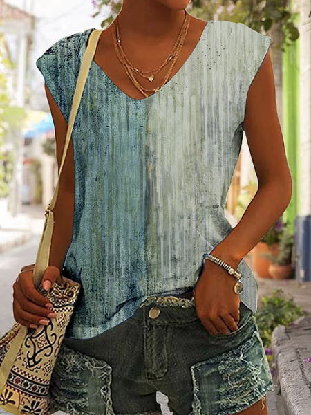 

Loose Casual Painting V Neck Tank Top, Green, T-Shirts