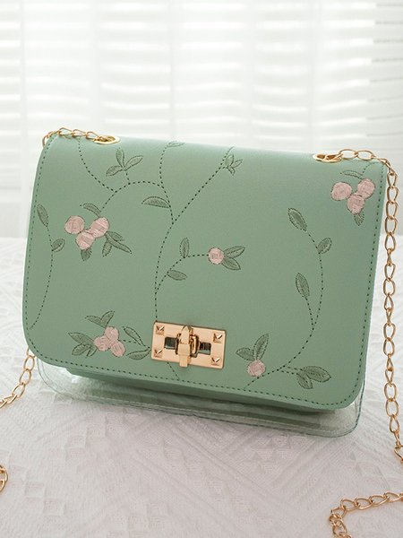 

Urban Casual Flower Embroidered Leather Double Layer Messenger Bag Women, Green, Women's Bags