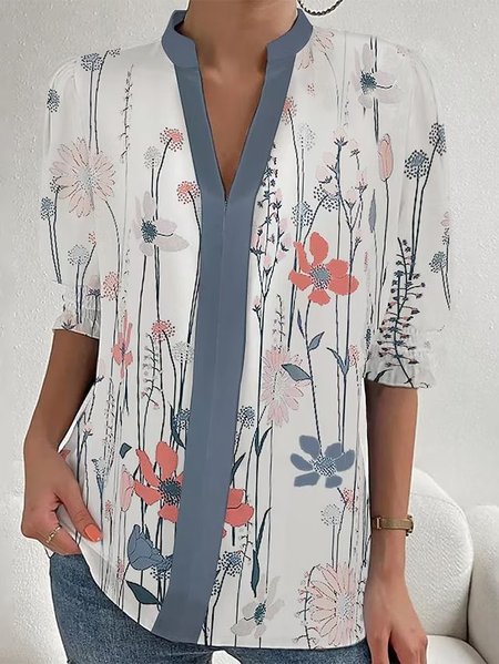 

Stand Collar Floral Casual Loose Shirt, White, Shirts & Blouses