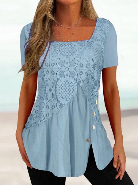 

Lace Plain Split Joint Casual Shirt, Light blue, Shirts & Blouses
