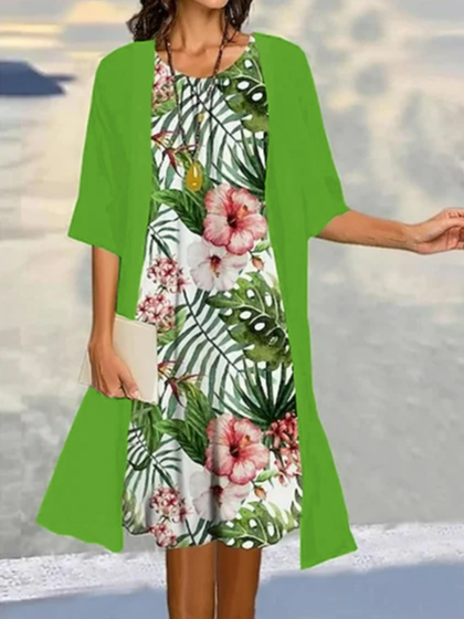 

Floral Loose Crew Neck Vacation Two-Piece Set, Green, Dresses