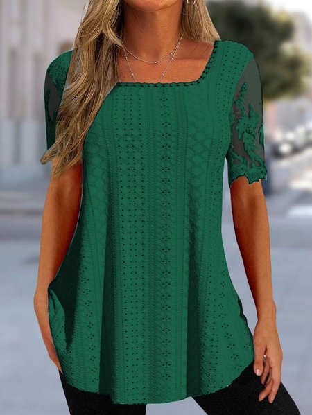 

Women Elegant Square Neck Plain Eyelet Embroidery Mesh Floral Lace Short Sleeve Tunic, Green, Tunics