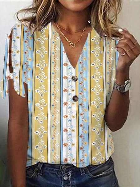 

V Neck Casual Floral Geometric Loose T-Shirt, Yellow, T-Shirts