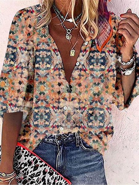 

V Neck Regular Fit Casual Geometric Shirt, Orange, Shirts & Blouses