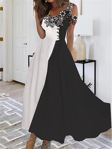 

Lace Elegant Color Block Loose Dress, Black-white, Dresses