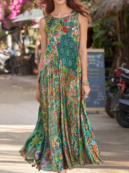 

Casual Loose Floral Crew Neck Dress, Green, Casual Dresses