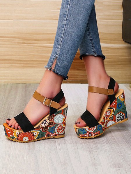 

Women Floral Ankle Wedge Heel Strap Sandals, Black, Sandals