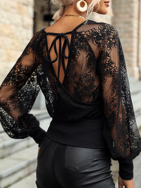 

Elegant Floral Lace Tie Back Lantern Sleeve Top, Black, Shirts & Blouses