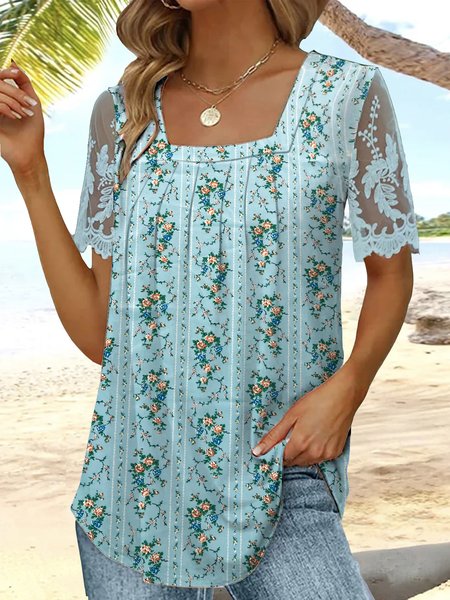 

Floral Casual Square Neck Shirt, Blue, Shirts & Blouses