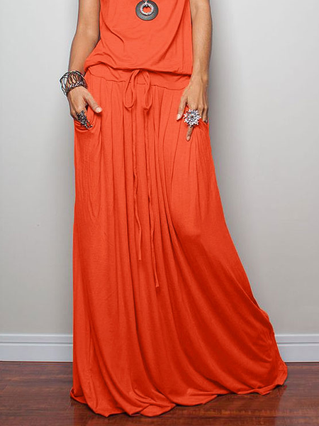 

High Elasticity Loose Casual Plain Loose Maxi Skirt, Orange, Skirts