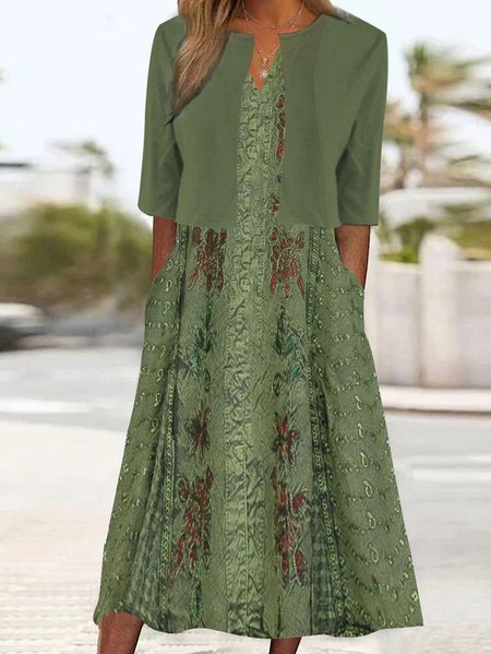 

Ethnic Knitted Casual Two-Piece Set, Dark green, Casual Dresses