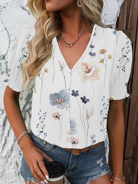 

V Neck Loose Casual Floral Blouse, White, Shirts & Blouses