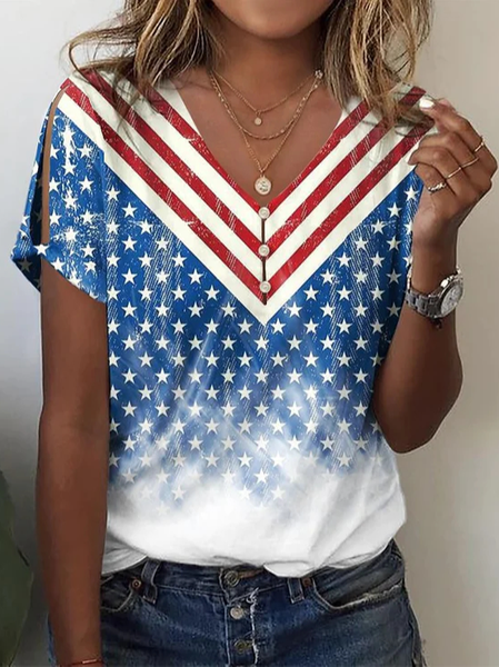 

Casual America Flag Loose V Neck T-Shirt, Blue, T-Shirts