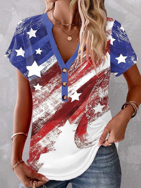 

Casual Flag Buttoned Loose T-Shirt, Blue, T-Shirts