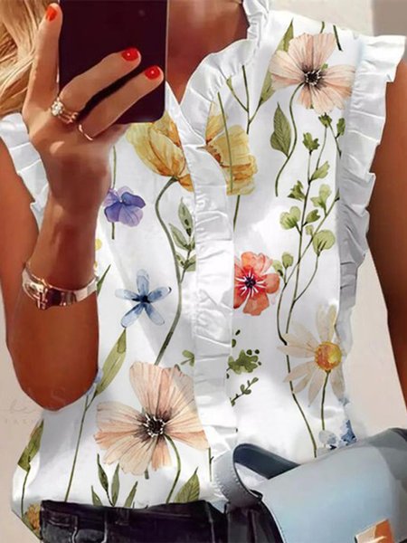 

Flouncing Floral Casual V Neck Shirt, White, Shirts & Blouses