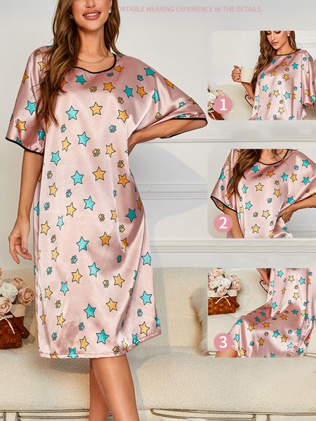 

Simple Loose Silk Star Print Nightdress, Pink, Sleepwear&Robes