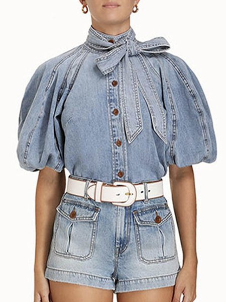

Urban Plain Lantern Sleeve Denim Blouse, Light blue, Blouses and Shirts