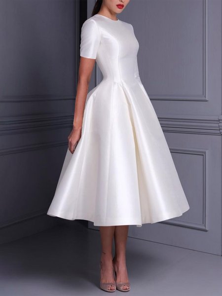 

Elegant Crew Neck Plain Regular Fit Midi Dress With No Belt, White, Midi Dresses