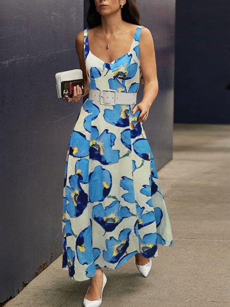 

Square Neck Regular Fit Floral Vacation Dress, As picture, Maxi Dresses