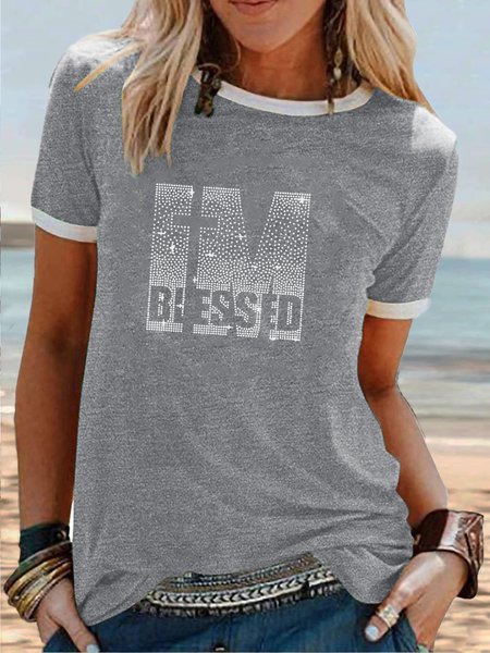 

Women's Funny Short Sleeve I’m Blessed Cross Print Casual Crew Neck T-Shirt, Gray, T-shirts
