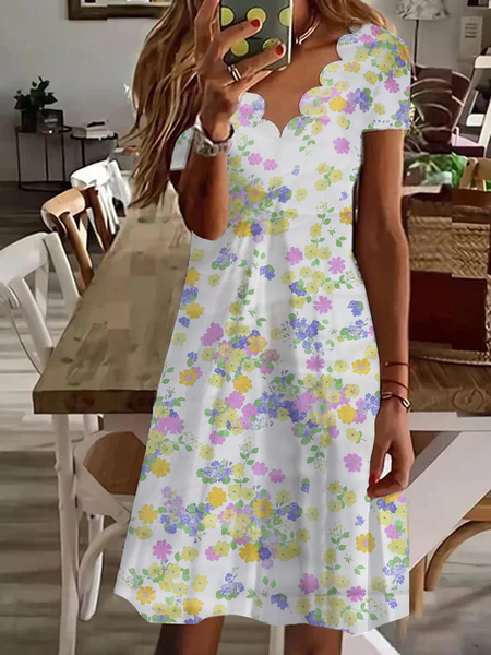 

Floral Casual V Neck Regular Fit Dress With No, White, Dresses