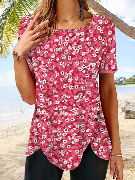 

Floral Crew Neck Loose Casual Shirt, Red, Shirts & Blouses