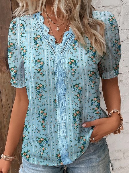 

Lace Loose Casual Floral Shirt, Blue, Shirts & Blouses