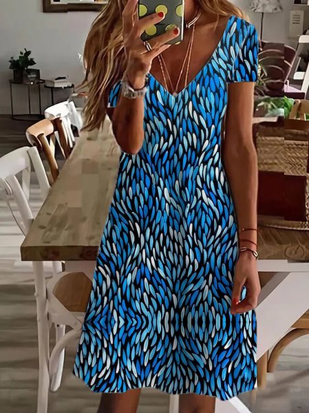 

Casual V Neck Abstract Stripes Loose Dress, Blue, Casual Dresses