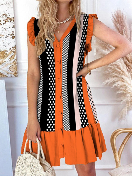 

Casual Geometric Loose V Neck Dress With No Belt, Orange, Casual Dresses