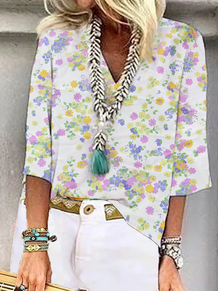 

Loose Casual Floral V Neck Shirt, White, Shirts & Blouses