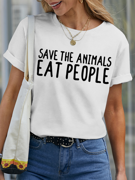 Women’s Save The Animals Eat People Funny Casual Cotton T-Shirt, White, T-shirts