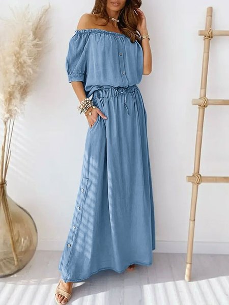 

Loose Casual Buckle Polyester Cotton Dress, Blue, Maxi