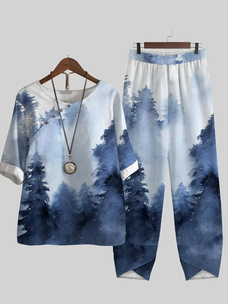 

Landscape Print Loose V Neck Elegant Two-Piece Set, White, Suit Set