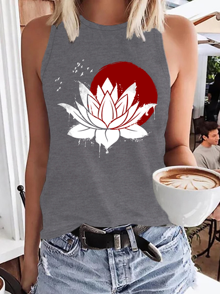 

Women’s Lotus And Red Moon Plant Casual Crew Neck Tank Top, Gray, Tank Tops