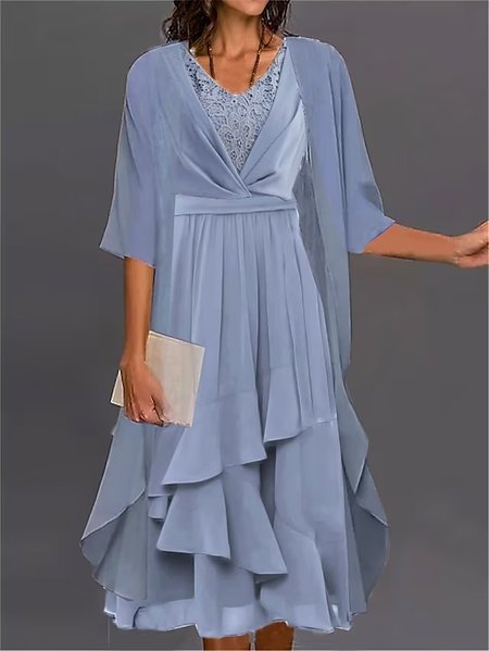 

V Neck Elegant Lace Loose Two-Piece Set, Blue, Suit Set