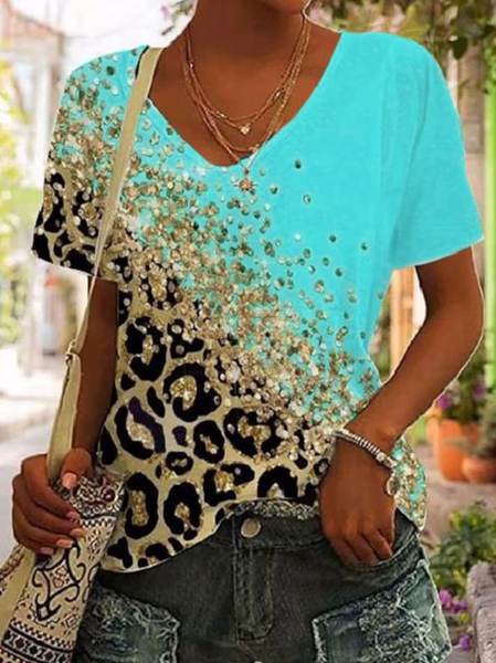 

Leopard V Neck Casual Loose T-Shirt, T-Shirts